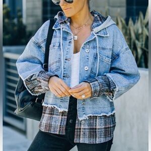 NWT VICI DANCE & MARVEL DENIM PLAID INSET HOODED JACKET SZ S